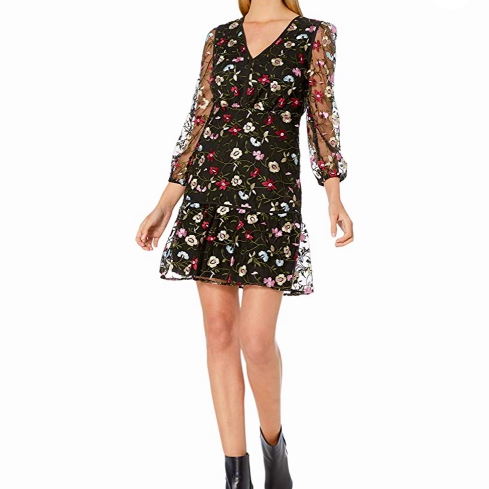 Sam Edelman V-neck Embroidered Black Blouson Dress